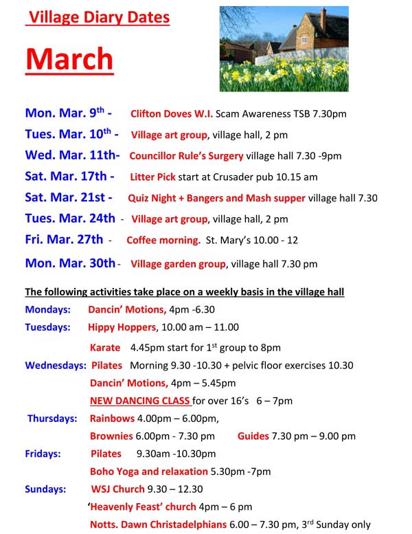 Clifton Village Diary Dates March,2026